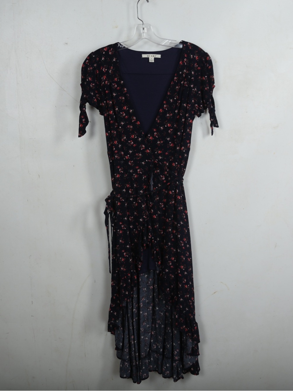 miami Navy Floral High-Low Wrap Dress with Tie Sleeves